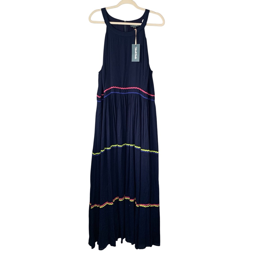 ModCloth NWT‎ navy crinkle halter style maxi dress w ric-a-rack trim. Size 24